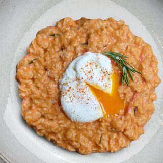 Tomato Oatmeal & Poached Egg, plated