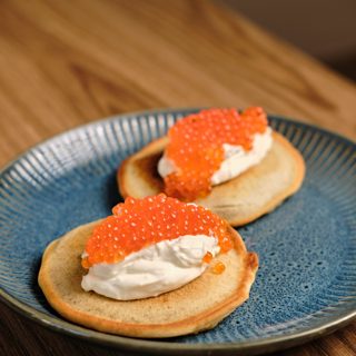 Homemade Pancakes with Red Caviar, plated